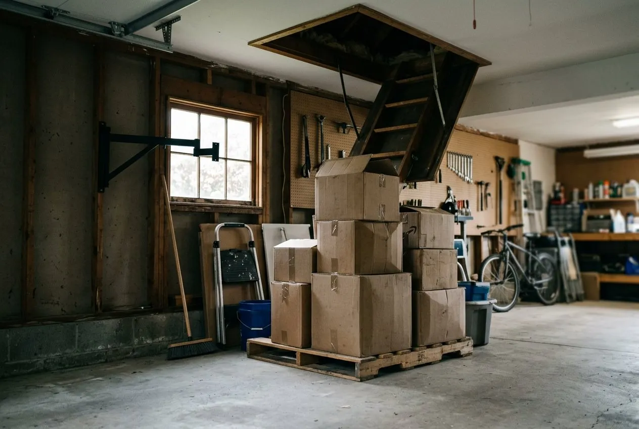 Symbolbild: Garage mit geöffneter Dachbodenluke, darunter Umzugskartons auf einer Holzpalette, an der Wand ein leerer Ausleger